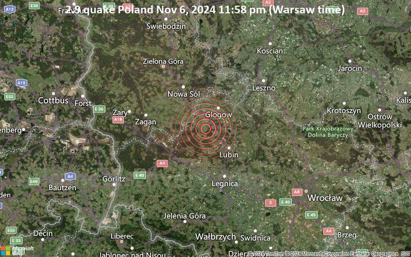 Schwaches Erdbeben Stärke 2.9 - Poland am Mittwoch,  6. November 2024, um 23:58 (Warsaw Zeit)