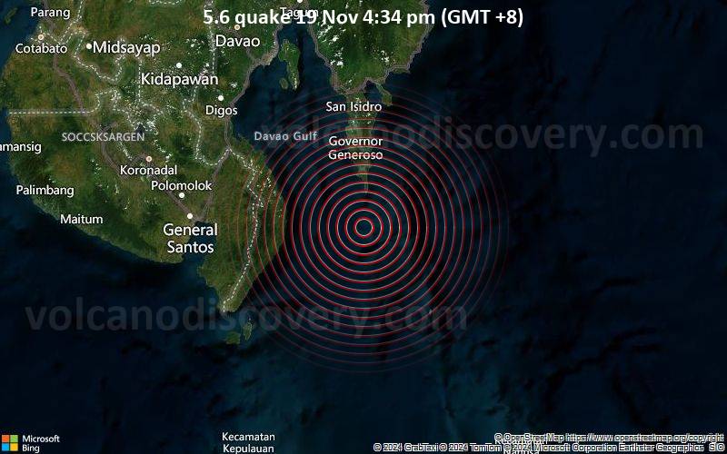 Significant earthquake of magnitude 5.6 just reported 99 km south of Mati, Philippines