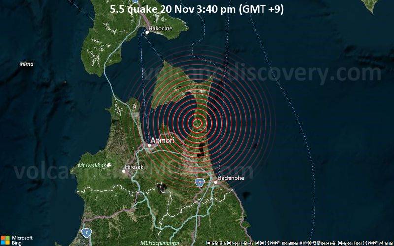 Significant magnitude 5.5 quake hits 31 km south of Mutsu, Japan early afternoon