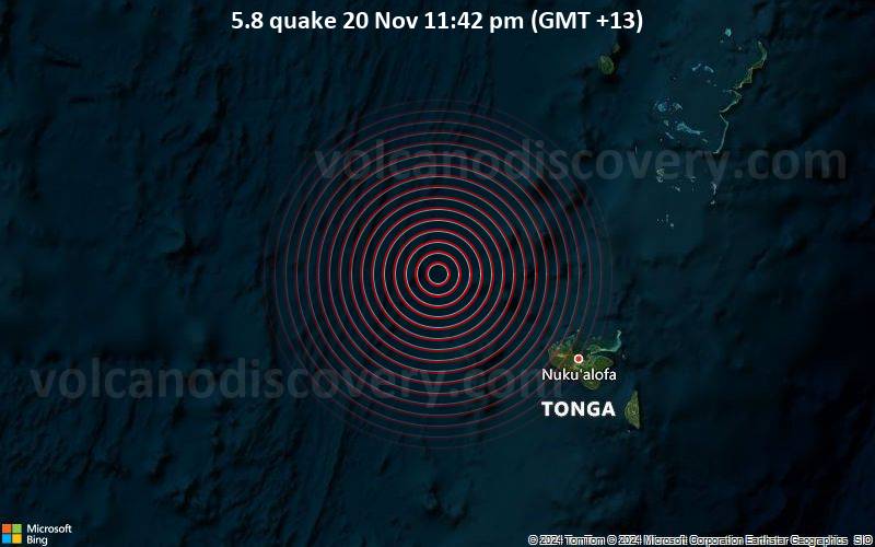 Moderate yet deep earthquake of magnitude 5.8 just reported 87 km northwest of Nukalofa, Tonga