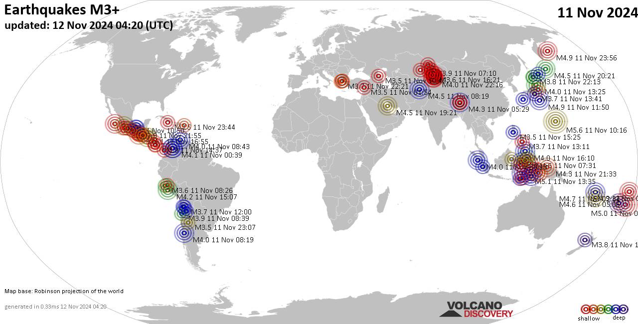 World Earthquake Report for Monday, 11 November 2024