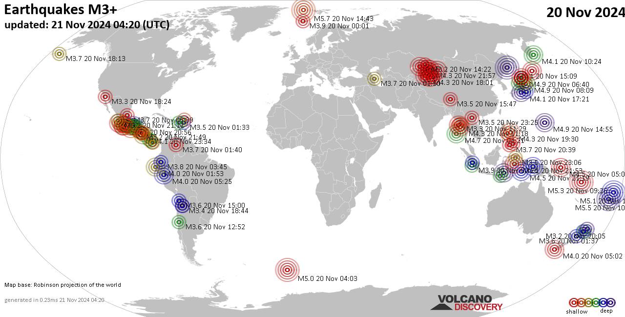 Weltkarte mit Erdbeben über Magnitude 3 während den letzten 24 Stunden past 24 hours am 20. November 2024
