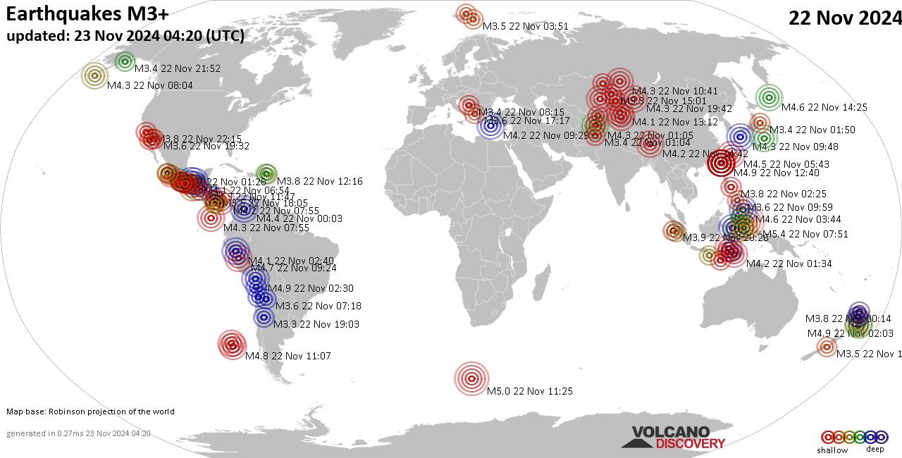 Weltkarte mit Erdbeben über Magnitude 3 während den letzten 24 Stunden past 24 hours am 22. November 2024