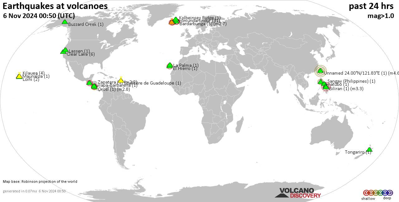 World map showing volcanoes with shallow (less than 50 km) earthquakes within 20 km radius  during the past 24 hours on  6 Nov 2024 Number in brackets indicate nr of quakes.