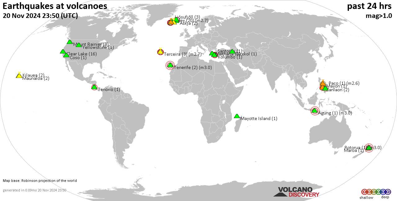 World map showing volcanoes with shallow (less than 50 km) earthquakes within 20 km radius  during the past 24 hours on 20 Nov 2024 Number in brackets indicate nr of quakes.