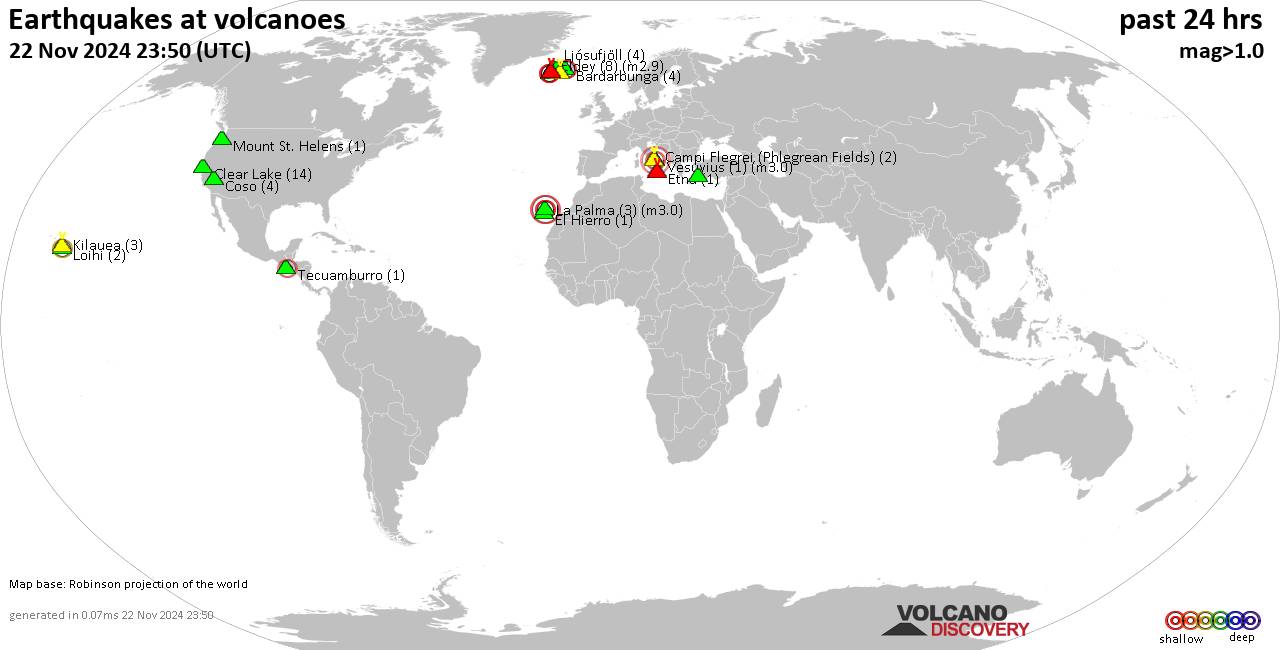 World map showing volcanoes with shallow (less than 50 km) earthquakes within 20 km radius  during the past 24 hours on 22 Nov 2024 Number in brackets indicate nr of quakes.