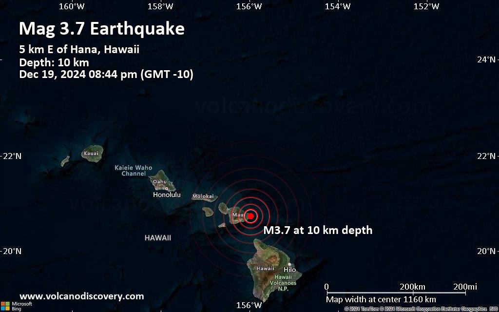 Small magnitude 3.7 quake hits 31 miles east of Kīhei, Hawaii, United States in the evening