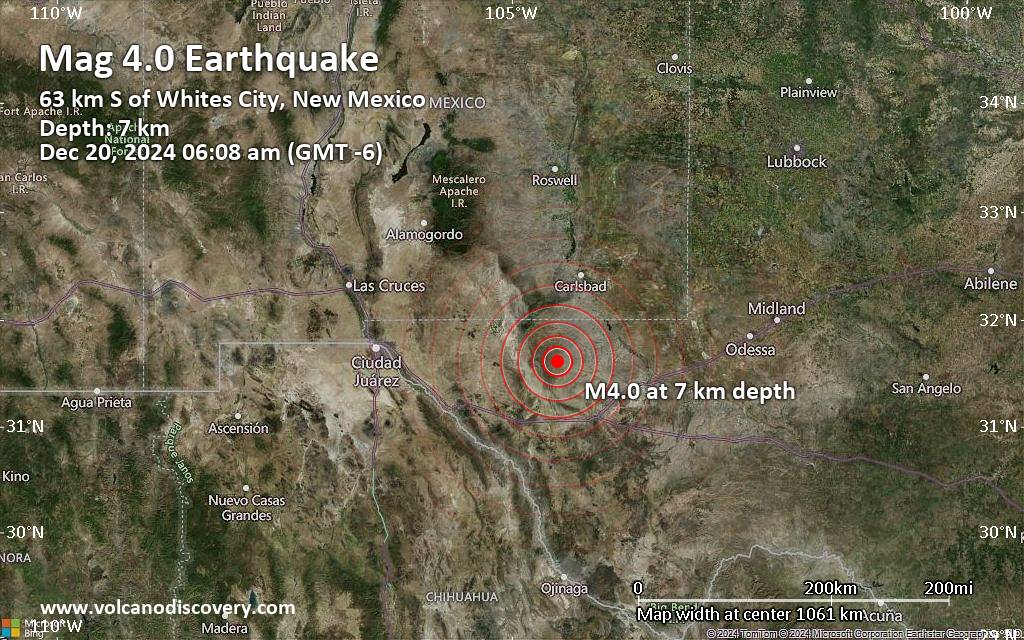 Moderate magnitude 4.0 earthquake 58 miles southwest of Carlsbad, New Mexico, United States