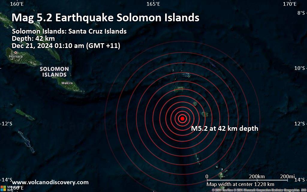 Magnitude 5.2 earthquake strikes near Lata, Santa Cruz Islands, Temotu, Solomon Islands