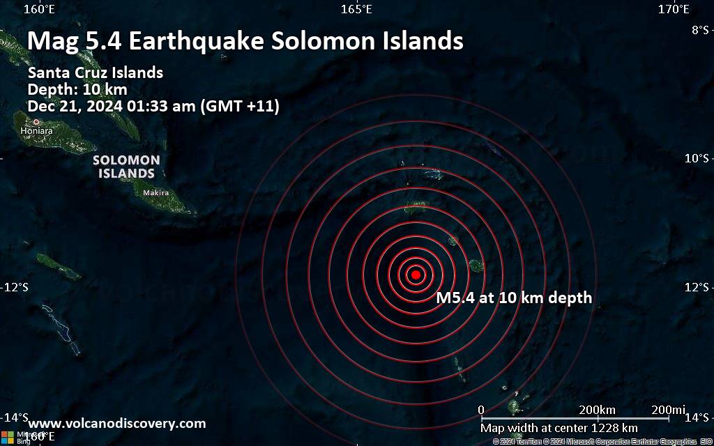 Significant earthquake of magnitude 5.4 just reported 121 km south of Lata, Solomon Islands