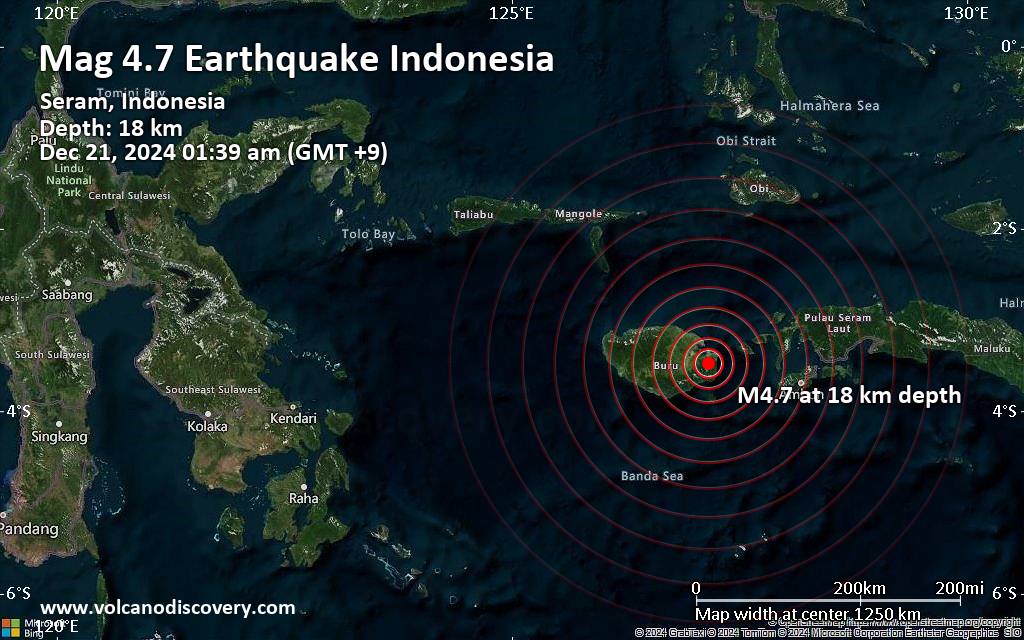 Moderate magnitude 4.7 quake hits 116 km west of Ambon City, Indonesia early morning