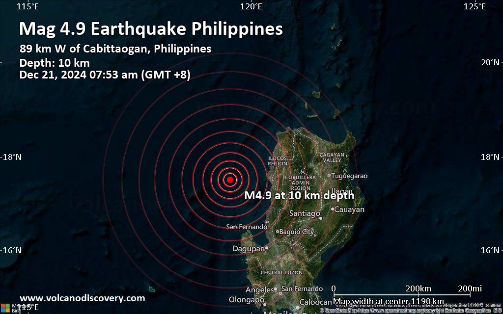 Moderate magnitude 4.9 quake hits 92 km west of Vigan, Philippines in the morning