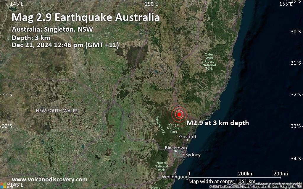 Small earthquake of magnitude 2.9 just reported 24 miles northwest of Cessnock, New South Wales, Australia