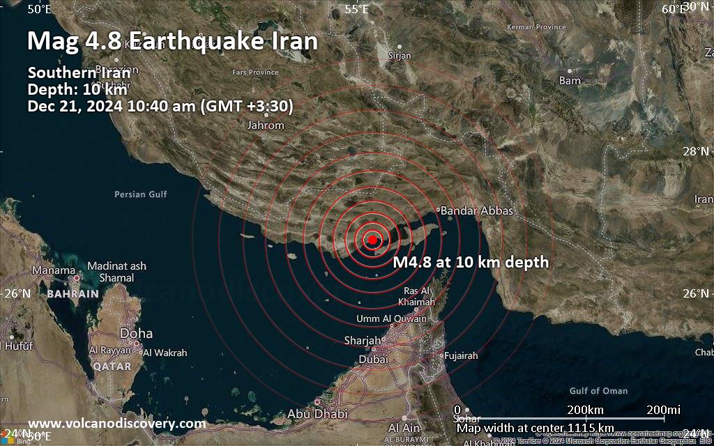 Moderates Erdbeben der Stärke 4.8 - Southern Iran am Samstag, 21. Dezember 2024, um 10:40 (GMT +3:30)