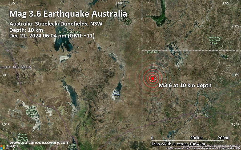 Leichtes Erdbeben der Stärke 3.6 - Australia: Strzelecki Dunefields, NSW, am Samstag, 21. Dezember 2024, um 18:04 (GMT +11)