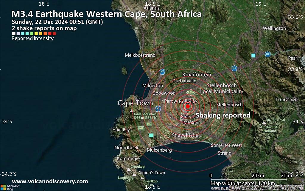 Seismic-like event, possible earthquake, reported few minutes ago near Paarl, Western Cape, South Africa