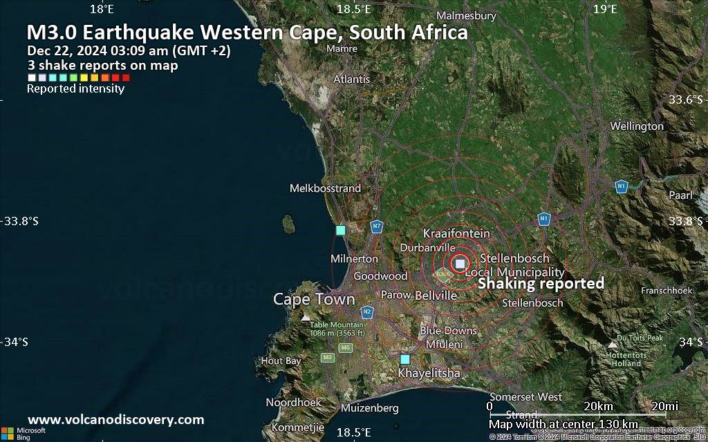 Seismic-like event, possible earthquake, reported few minutes ago near Cape Town, Western Cape, South Africa