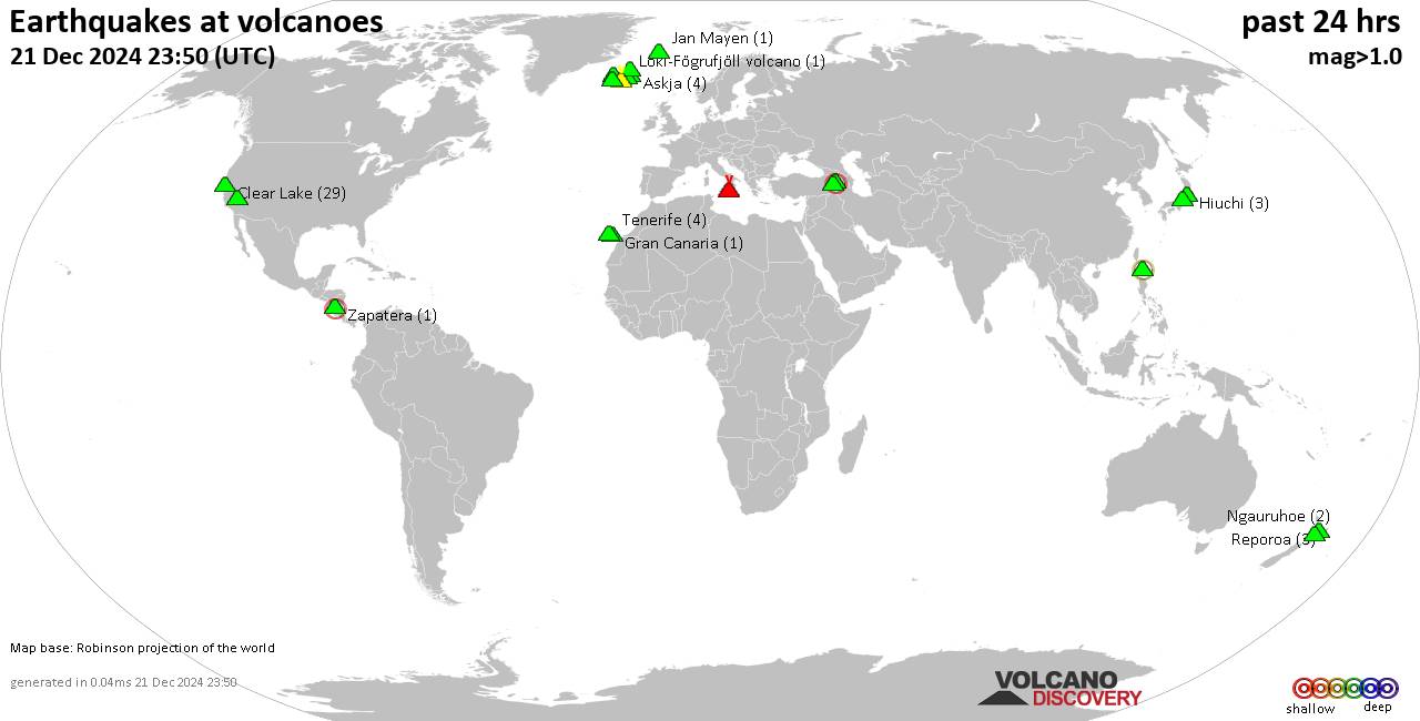 World map showing volcanoes with shallow (less than 50 km) earthquakes within 20 km radius  during the past 24 hours on 21 Dec 2024 Number in brackets indicate nr of quakes.