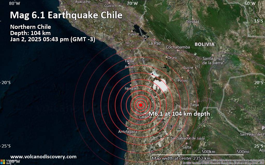 Terremoto muy fuerte magnitud 6.1 - 83 km N of Calama, Chile, jueves 2 ene  2025 a las 17:43 (Hora Santiago) -