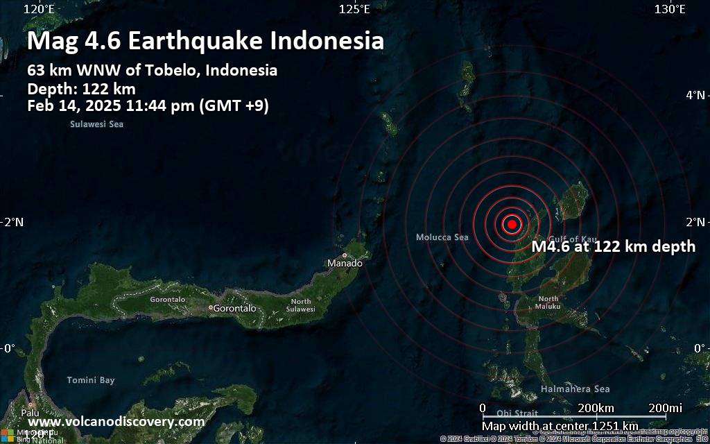 Moderate Magnitude 4.6 Earthquake 63 km Northwest of Tobelo, Indonesia