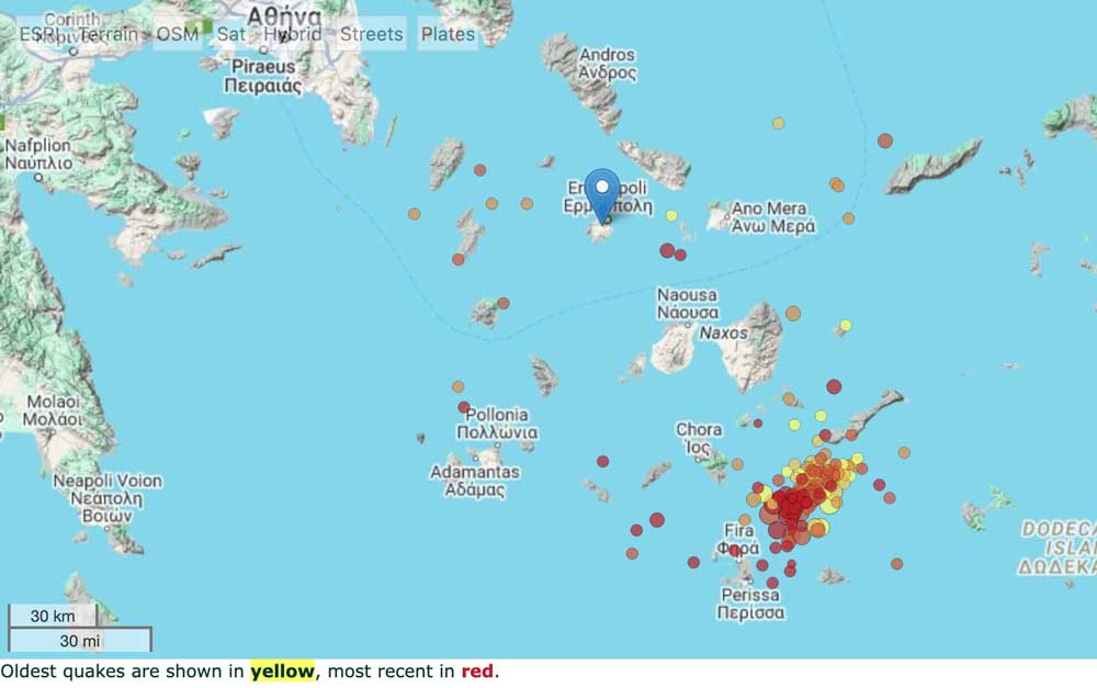 Earthquakes in the Cyclades region over the past 24 hours as of 12 Feb 2025 morning