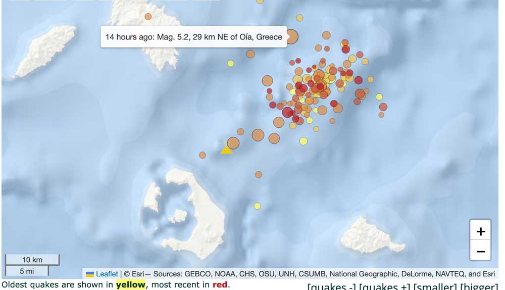 Earthquakes within 30 km of the submarine Kolumbos volcano NE of Santorini island during the past 24 hours as of Monday morning, 10 Feb 2025