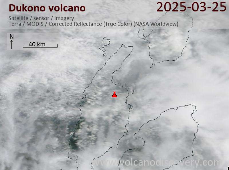 Satellite image of Dukono volcano on 25 Mar 2025