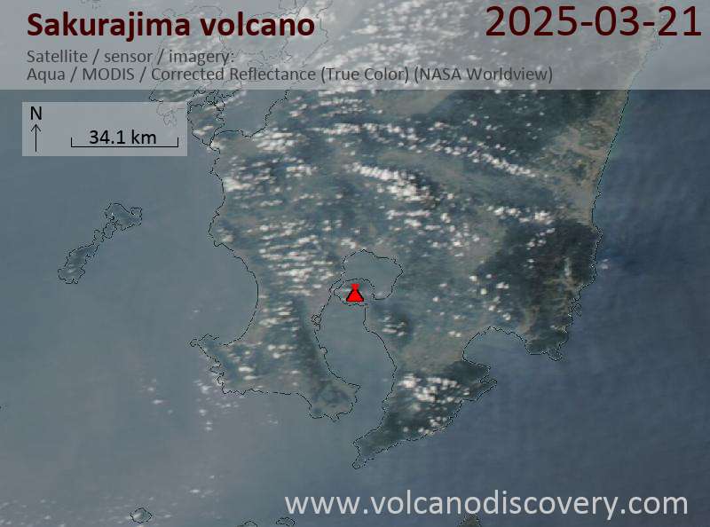 Satellite image of Sakurajima volcano on 21 Mar 2025