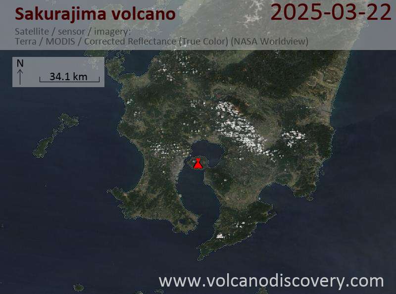 Satellite image of Sakurajima volcano on 22 Mar 2025