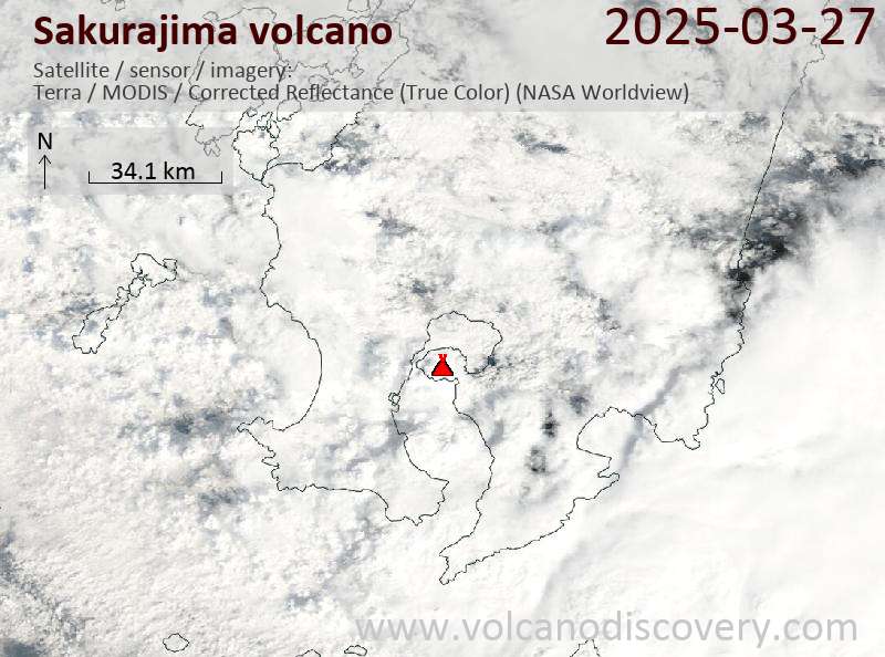 Satellite image of Sakurajima volcano on 27 Mar 2025
