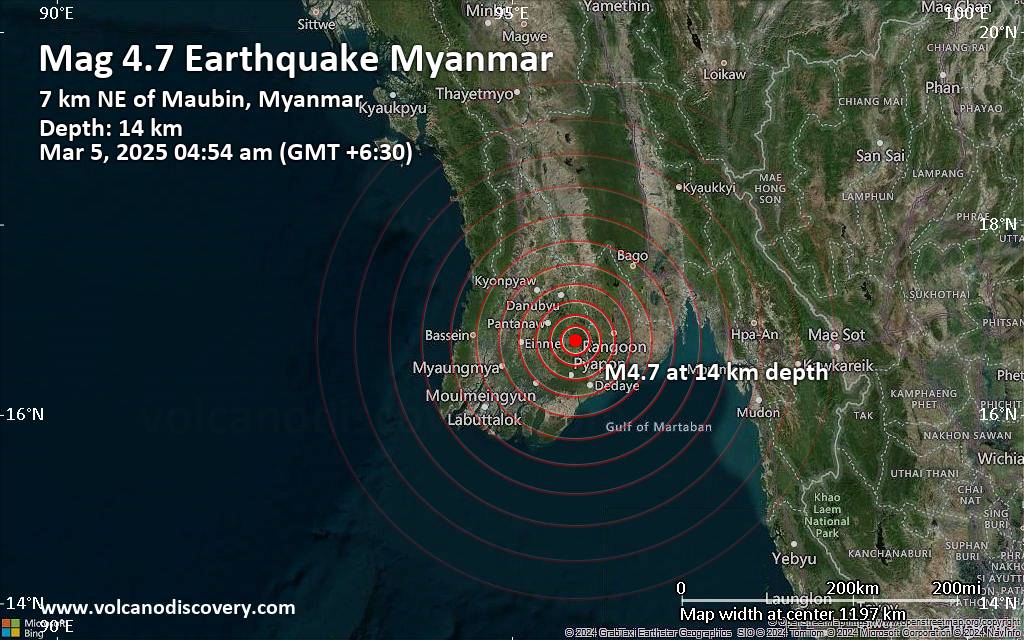 Moderate 4.7 quake hits near Maubin, Ayeyarwady, Myanmar (Burma)