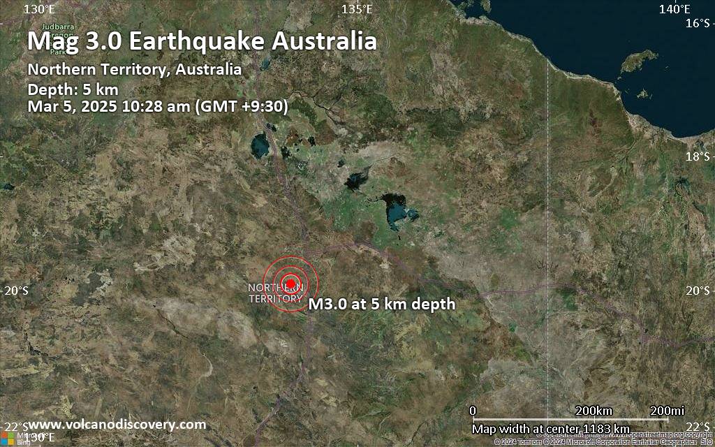 Small 3.0 quake hits near Tennant Creek, Barkly, Northern Territory, Australia