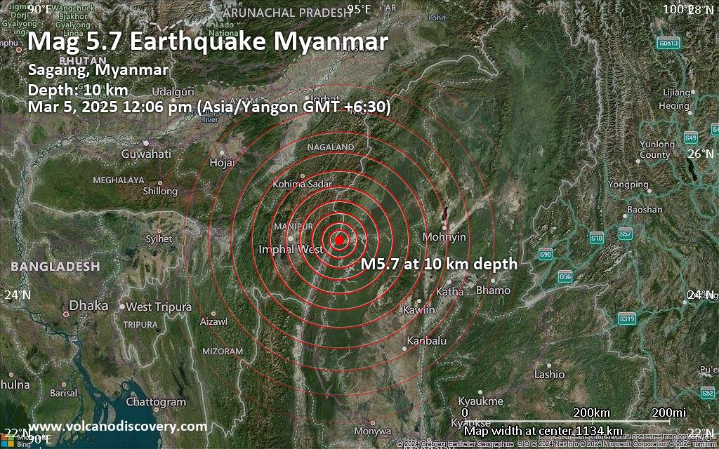 Significant 5.7 quake hits near Mawlaik, Mawlaik District, Sagaing, Myanmar (Burma)