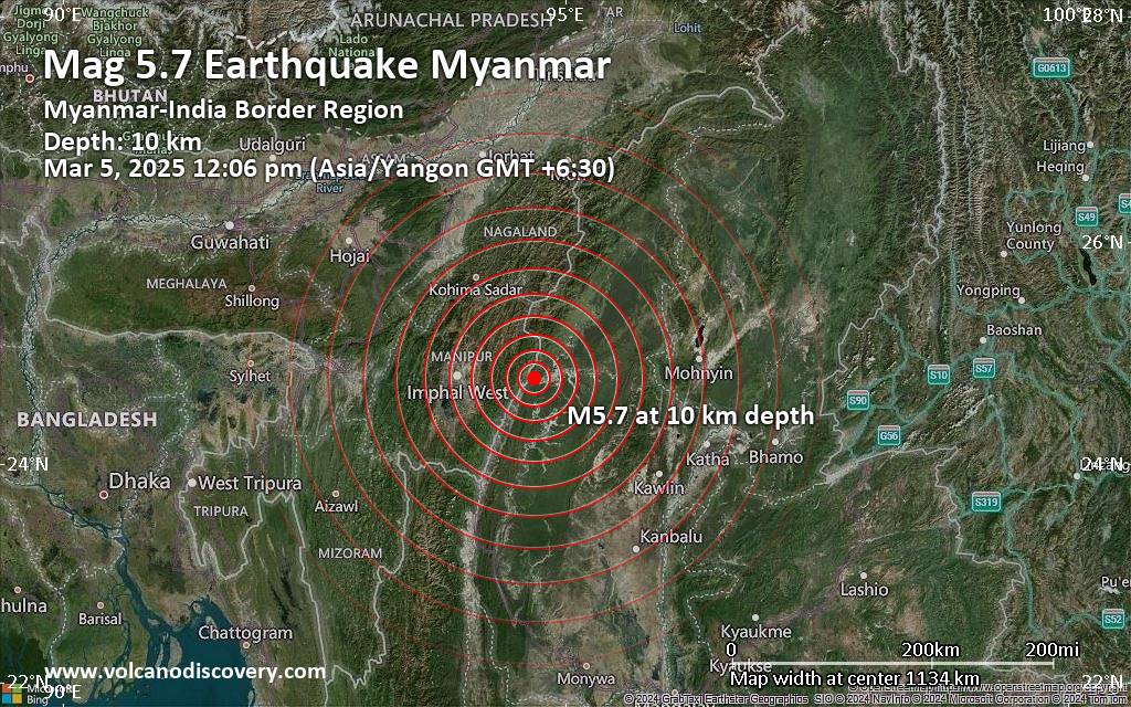 Significant magnitude 5.7 quake hits 129 km northeast of Mawlaik, Myanmar (Burma) in the morning