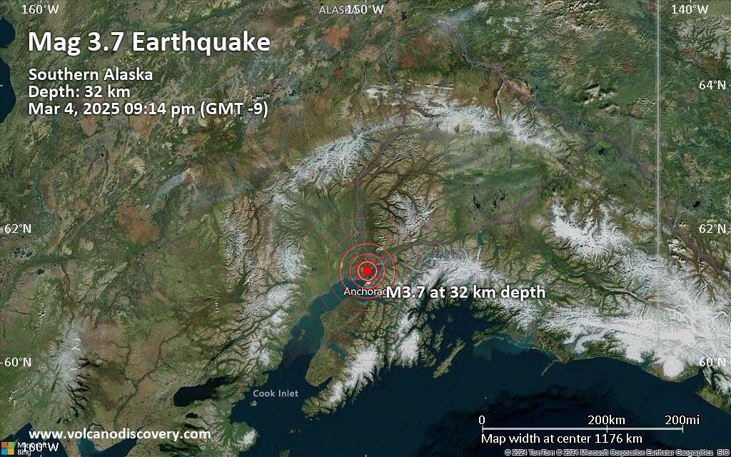 Small magnitude 3.7 earthquake 11 miles north of Anchorage, Alaska, United States