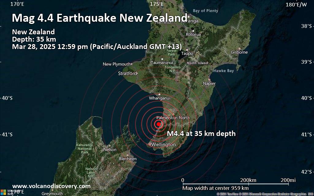 Moderate magnitude 4.4 earthquake 68 km northeast of Wellington, New Zealand