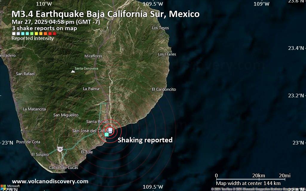 Unconfirmed quake or seismic-like event reported: 0.9 km southeast of San Jose del Cabo, Baja California Sur, Mexico, 5 minutes ago