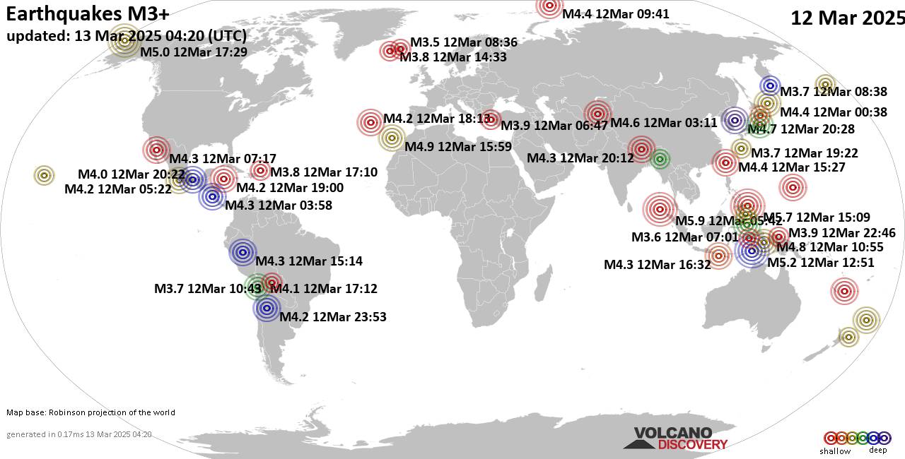 Carte du monde montrant les séismes supérieurs à la magnitude 3 mercredi, 12 mars 2025