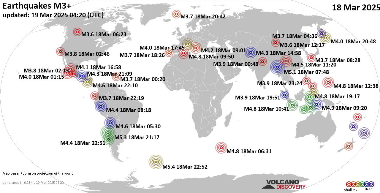 Worldwide earthquakes above magnitude 3 during the past 24 hours on 19 Mar 2025