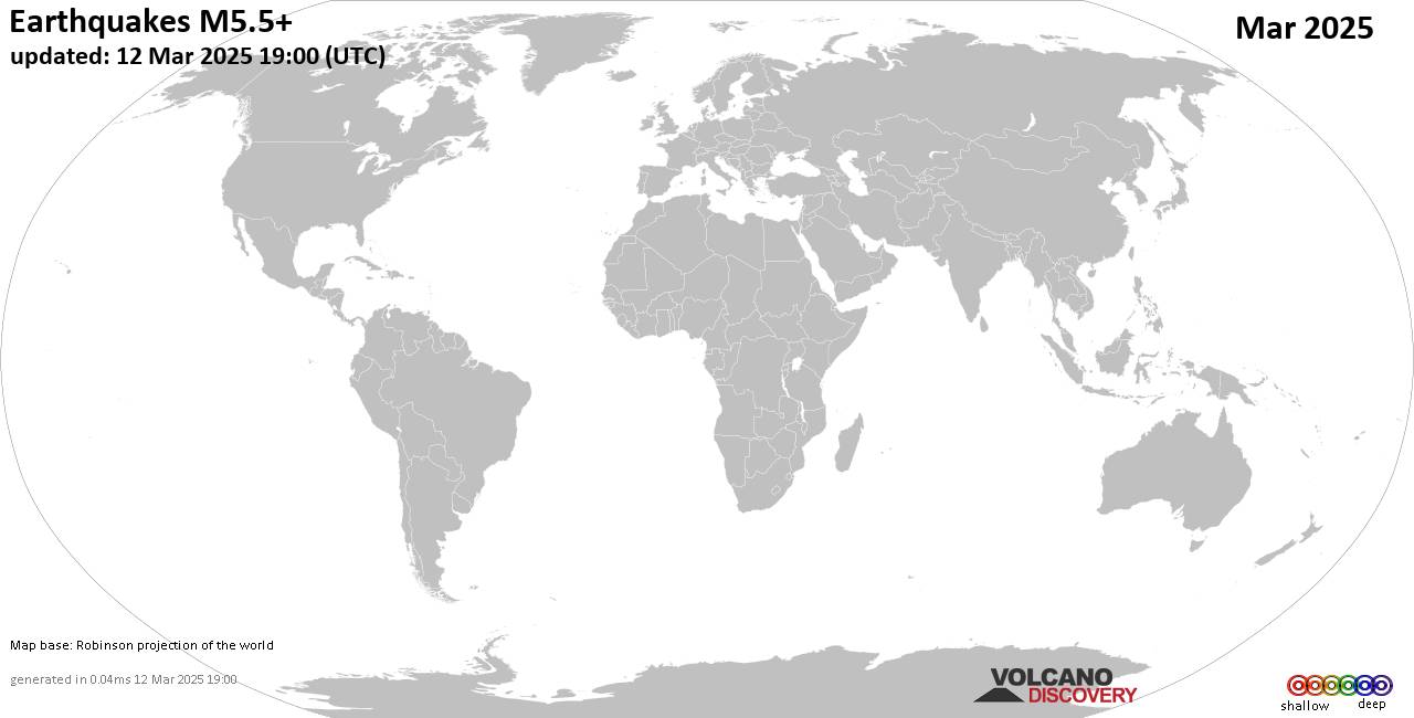 Mappa del mondo che mostra i terremoti sopra la magnitudo 5.5 nel mese di marzo 2025