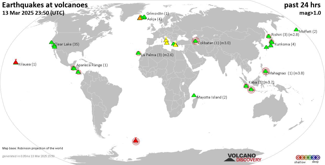 World map showing volcanoes with shallow (less than 50 km) earthquakes within 20 km radius  during the past 24 hours on 13 Mar 2025 Number in brackets indicate nr of quakes.