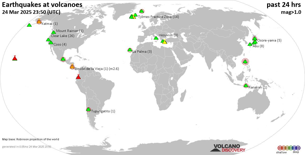 World map showing volcanoes with shallow (less than 50 km) earthquakes within 20 km radius  during the past 24 hours on 24 Mar 2025 Number in brackets indicate nr of quakes.