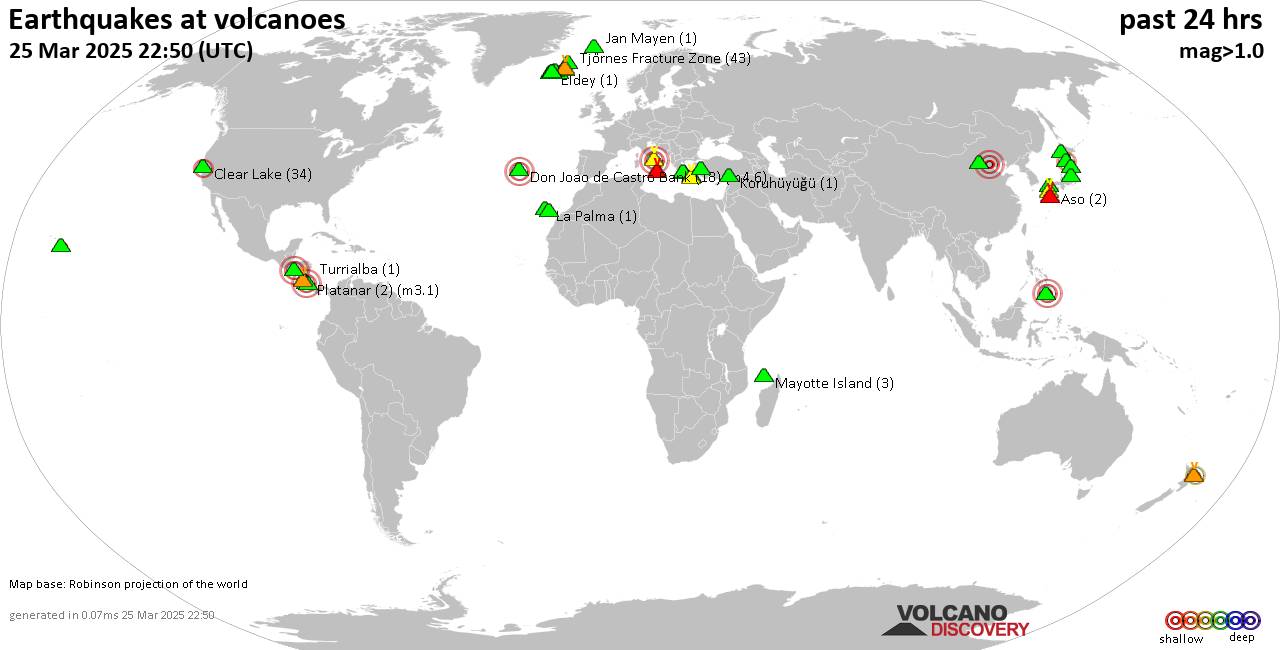 World map showing volcanoes with shallow (less than 50 km) earthquakes within 20 km radius  during the past 24 hours on 25 Mar 2025 Number in brackets indicate nr of quakes.