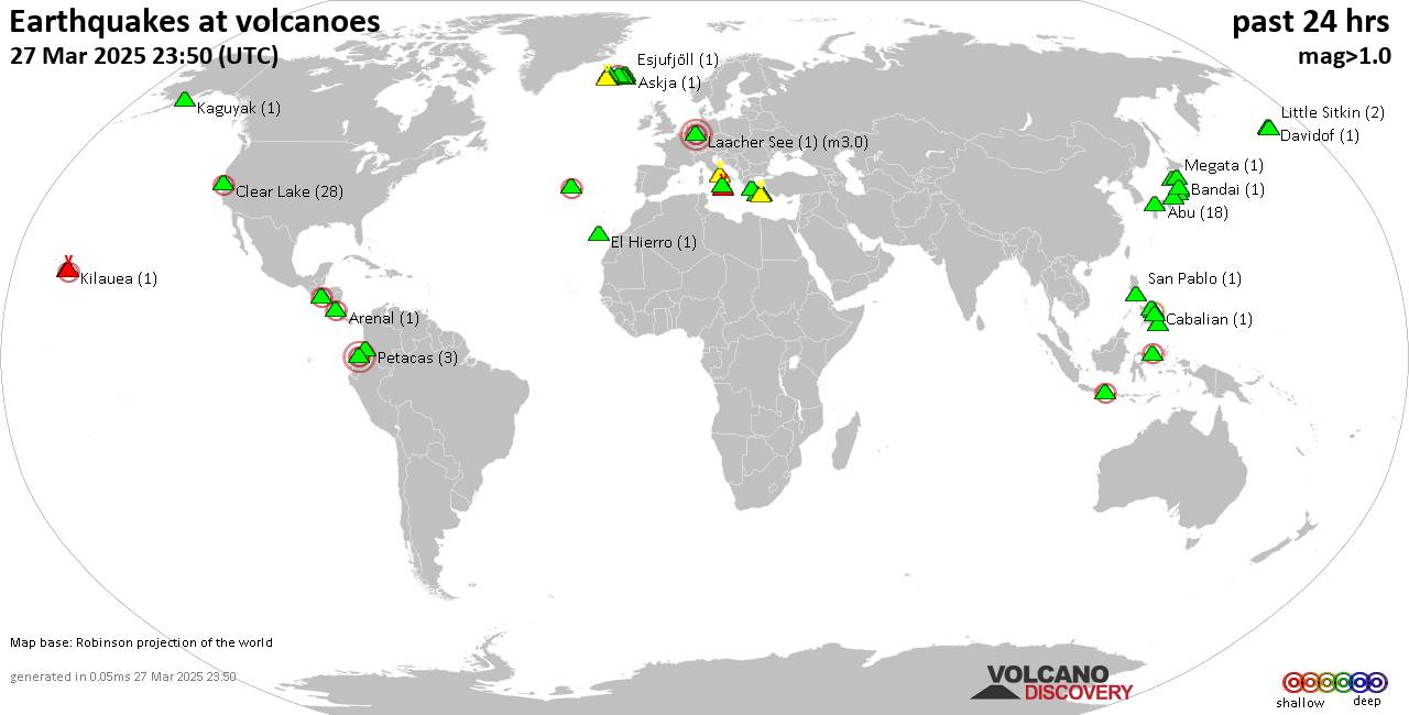 World map showing volcanoes with shallow (less than 50 km) earthquakes within 20 km radius  during the past 24 hours on 27 Mar 2025 Number in brackets indicate nr of quakes.