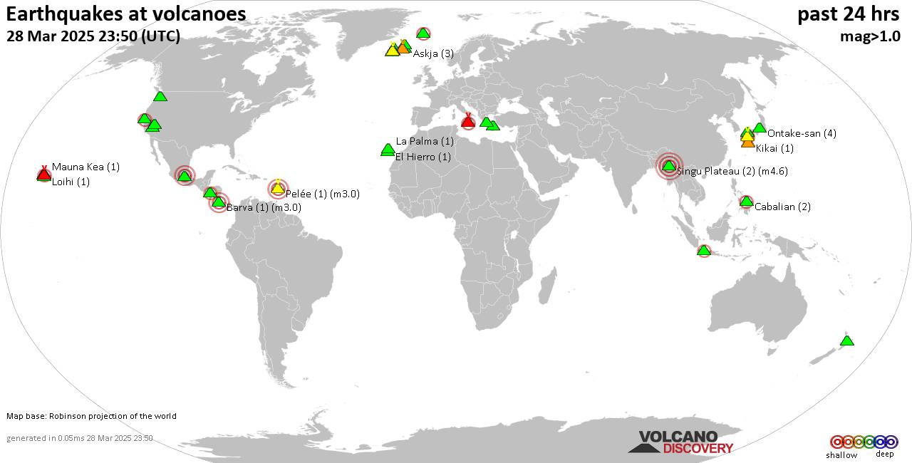 World map showing volcanoes with shallow (less than 50 km) earthquakes within 20 km radius  during the past 24 hours on 28 Mar 2025 Number in brackets indicate nr of quakes.