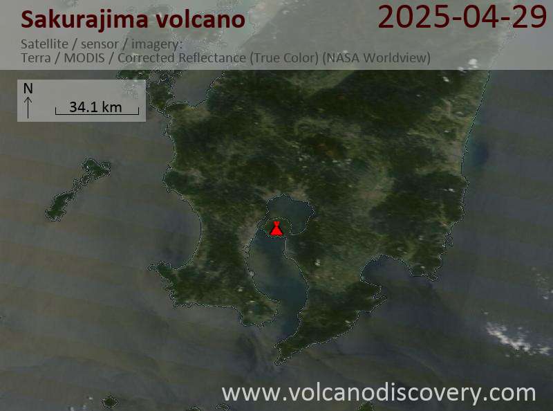 Satellite image of Sakurajima volcano on 29 Apr 2025