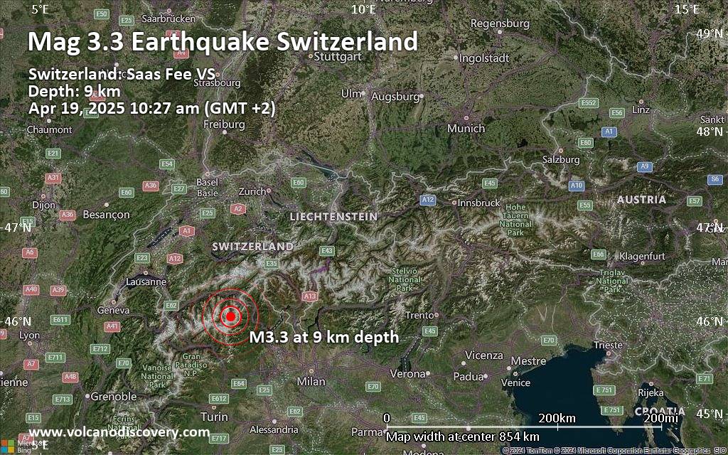 Magnitude 3.3 earthquake strikes near Sitten, Sion District, Canton du Valais, Switzerland