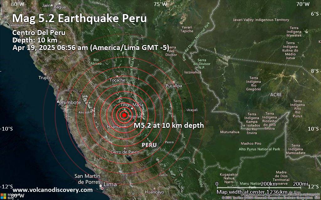 Magnitude 5.2 earthquake strikes near Huanuco, Huánuco Province, Peru