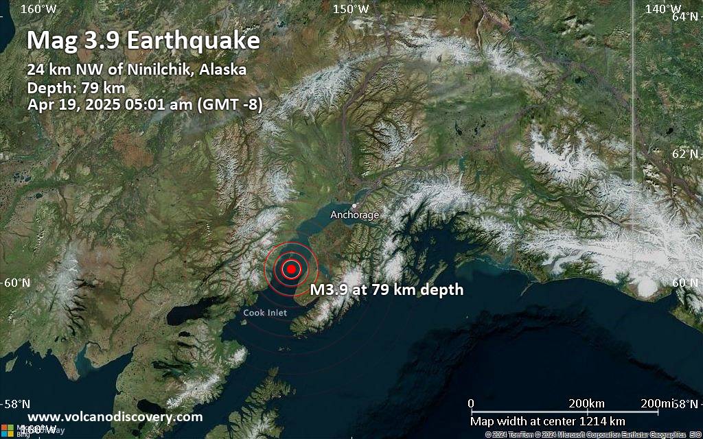 Small magnitude 3.9 earthquake 26 miles southwest of Kalifornsky, Alaska, United States