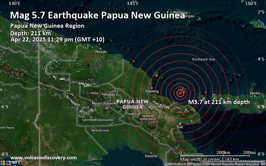 Moderate yet deep magnitude 5.7 earthquake 136 km east of Madang, Papua New Guinea